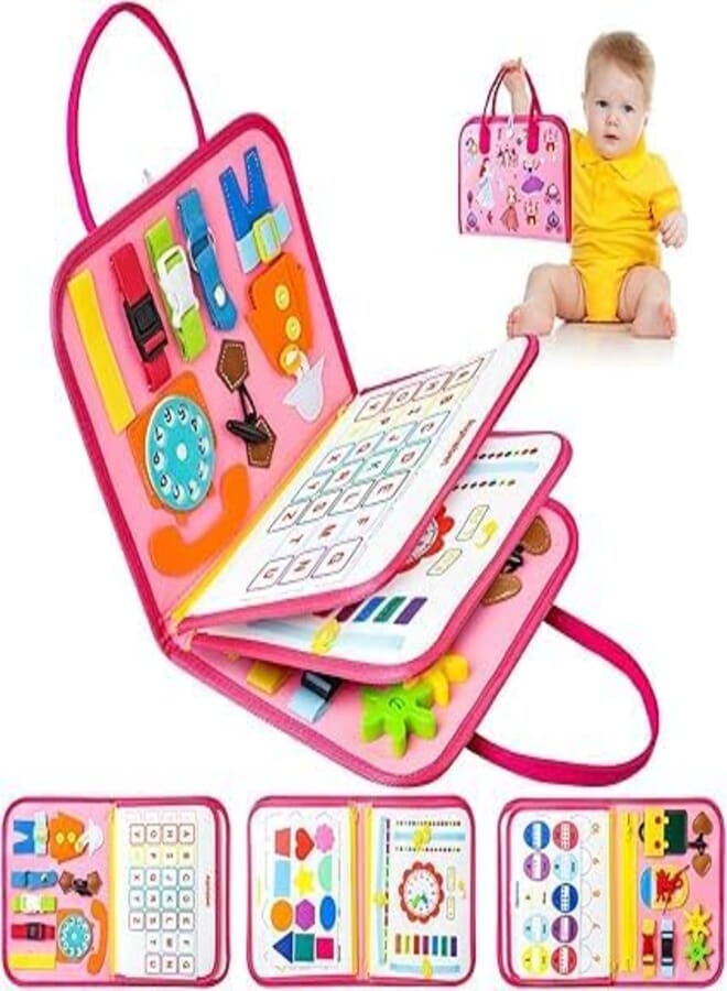 KIDSZONE Montessori 6-in-1 Activity Busy Board for Toddlers – Quiet Book with Life Skills, Colors, Shapes, Switches & Buttons – Screen-Free, Sensory Learning Toy for Ages 1–4 (Pink)